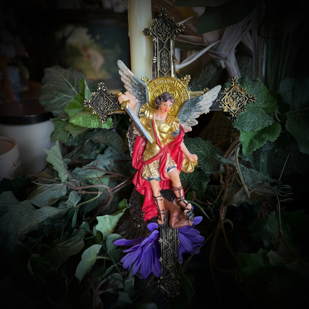 Decorative arrangement with angel figurine, candle, and flowers on a textured surface.