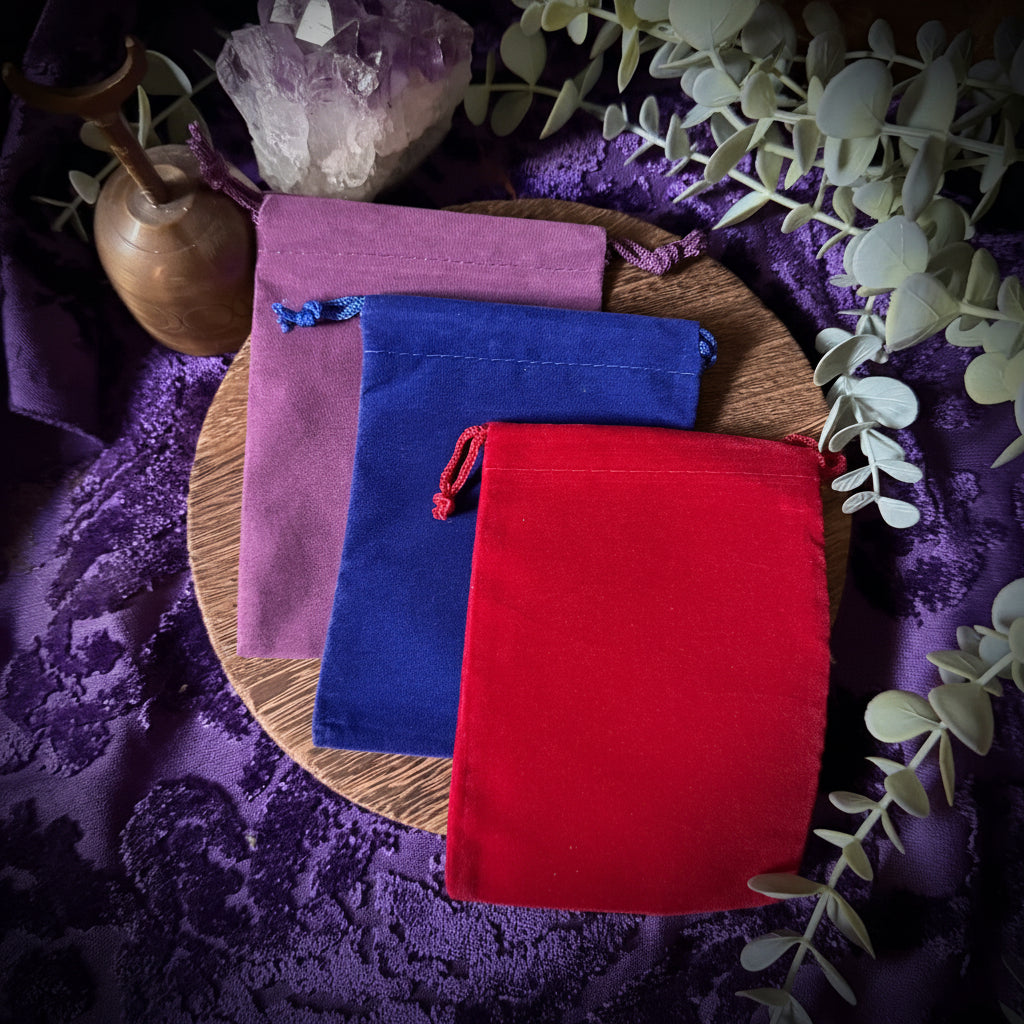 Three velvet bags in red, blue, and purple on a purple textured surface with eucalyptus leaves.