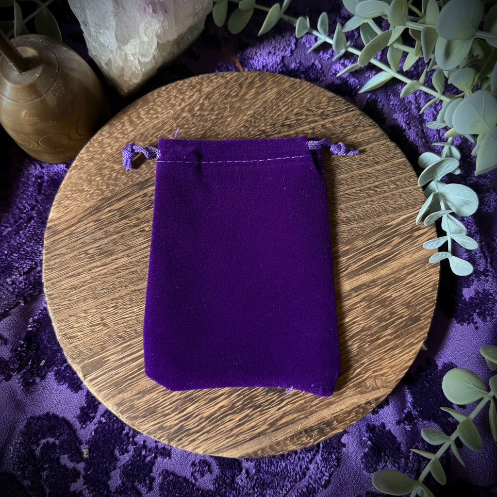 Purple fabric pouch on a wooden board with purple fabric and green leaves in the background