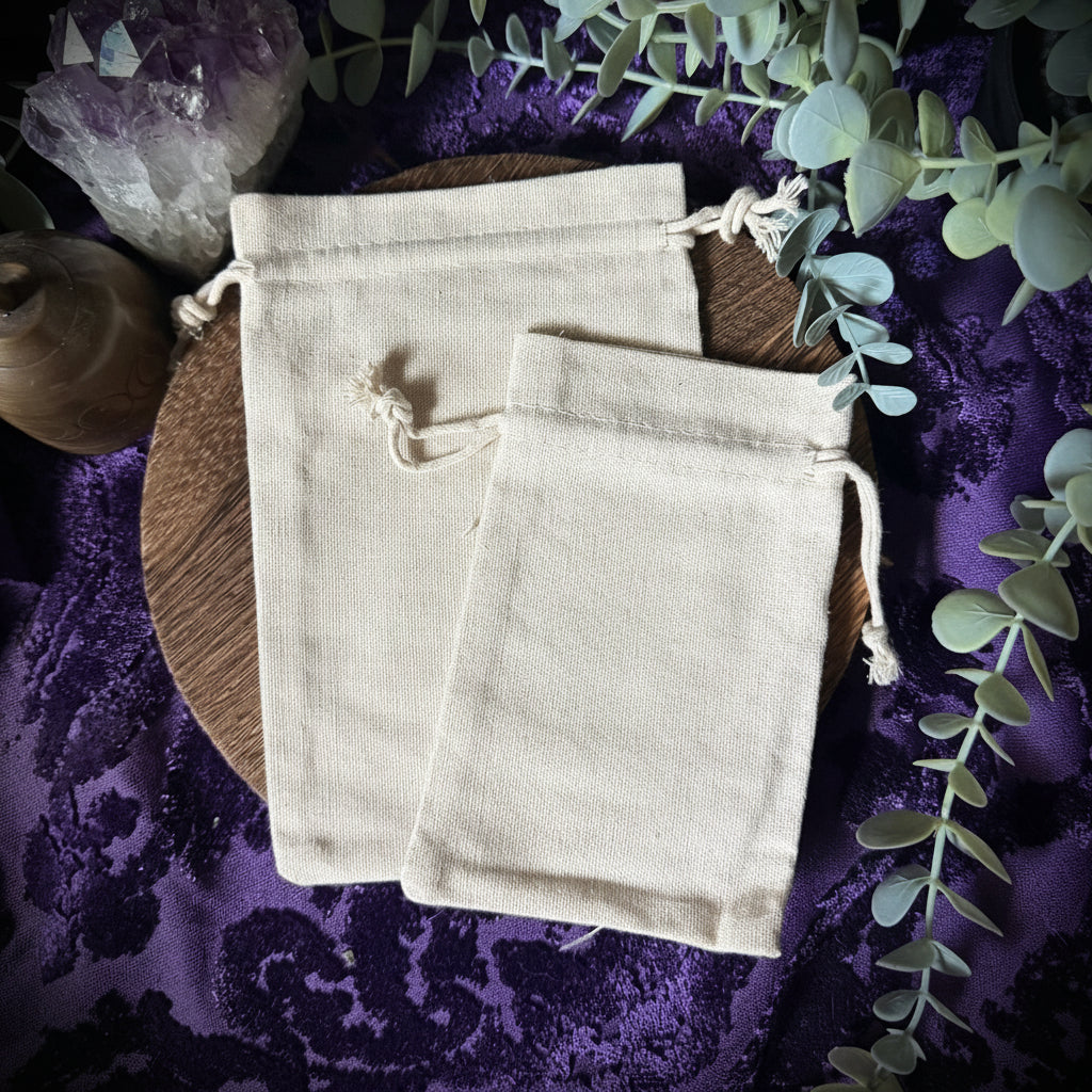 Two beige drawstring bags on a purple fabric background with greenery and crystals.