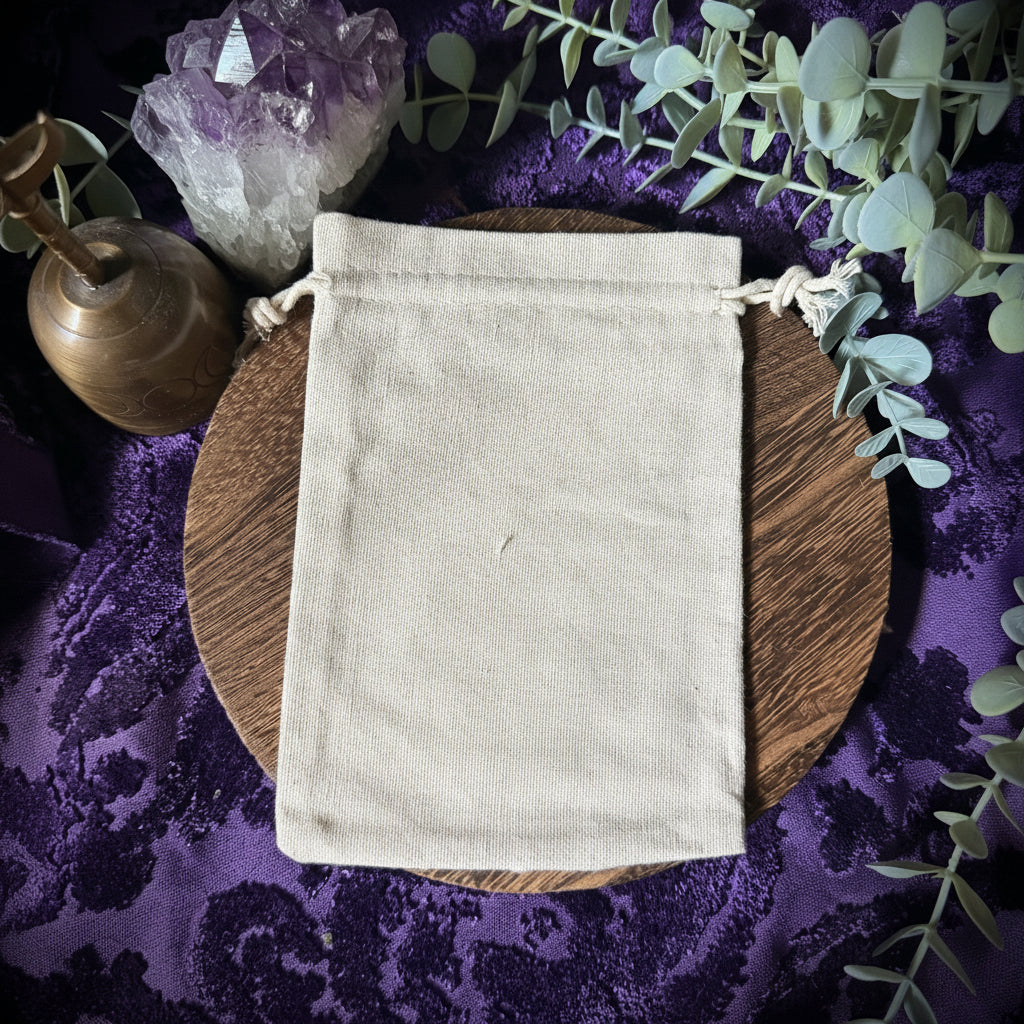Beige drawstring bag on a wooden surface with purple fabric and green leaves in the background