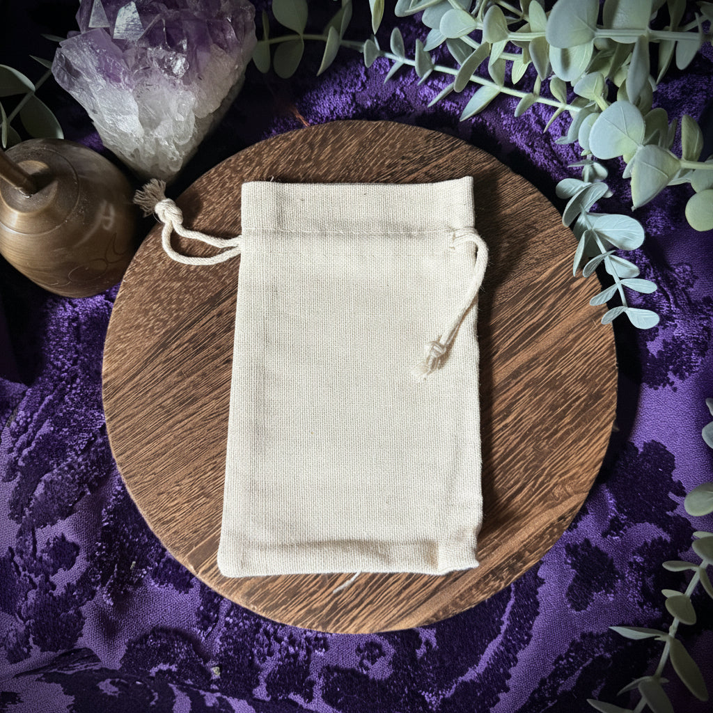 Beige drawstring pouch on a wooden plate with purple fabric and greenery in the background