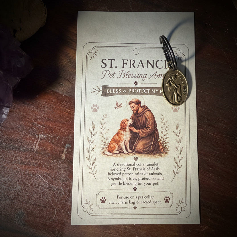 Vintage-style card with religious imagery on a wooden surface with crystals and herbs.