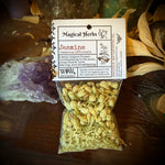 Packaged herbs with a label on a wooden surface