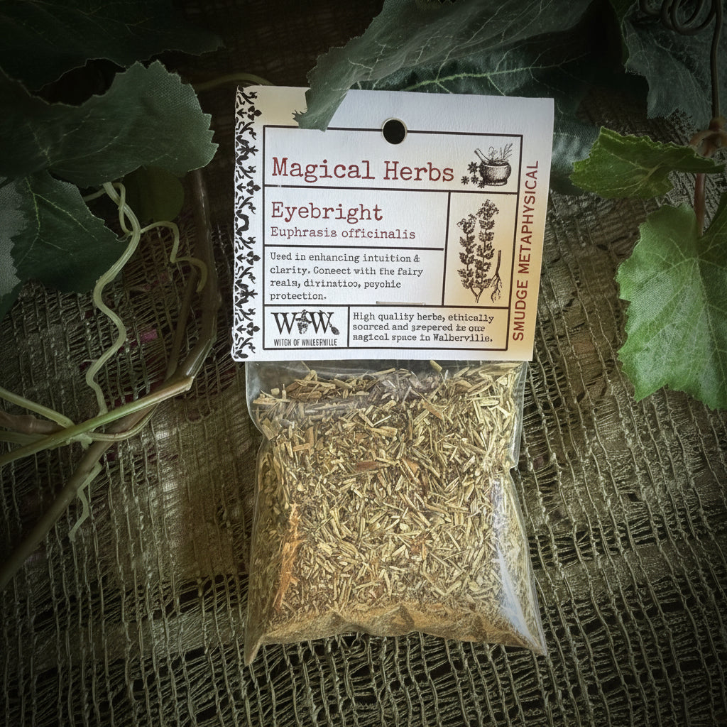 Packaged herbs labeled 'Magical Herbs' on a textured surface with green leaves.