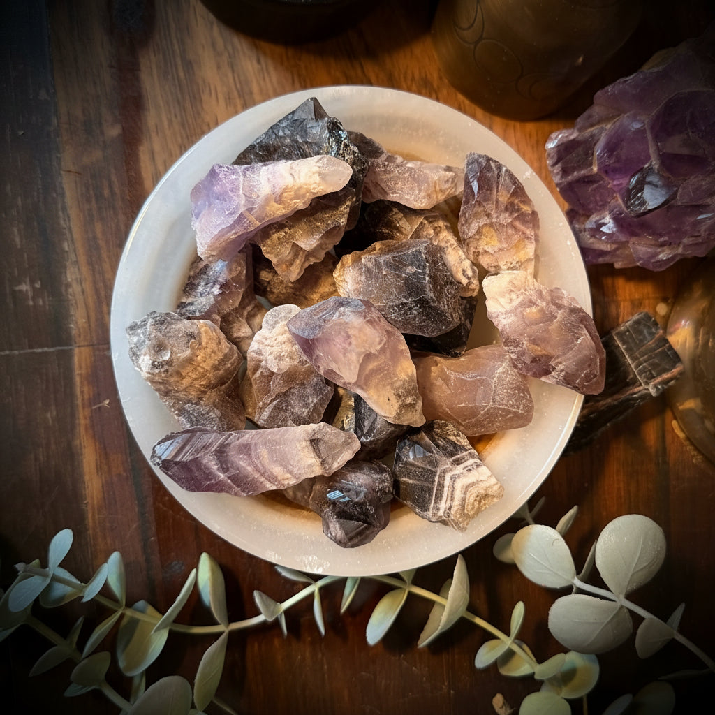Amethyst crystals in a bowl on a wooden surface with a pentagram symbol and eucalyptus leaves.