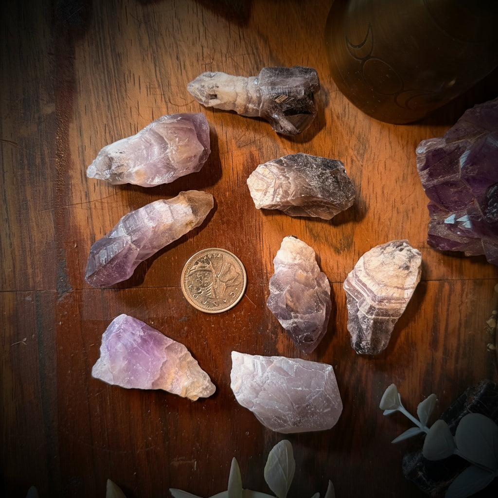 Collection of chevron amethyst crystals and a coin on a wooden surface with plants.