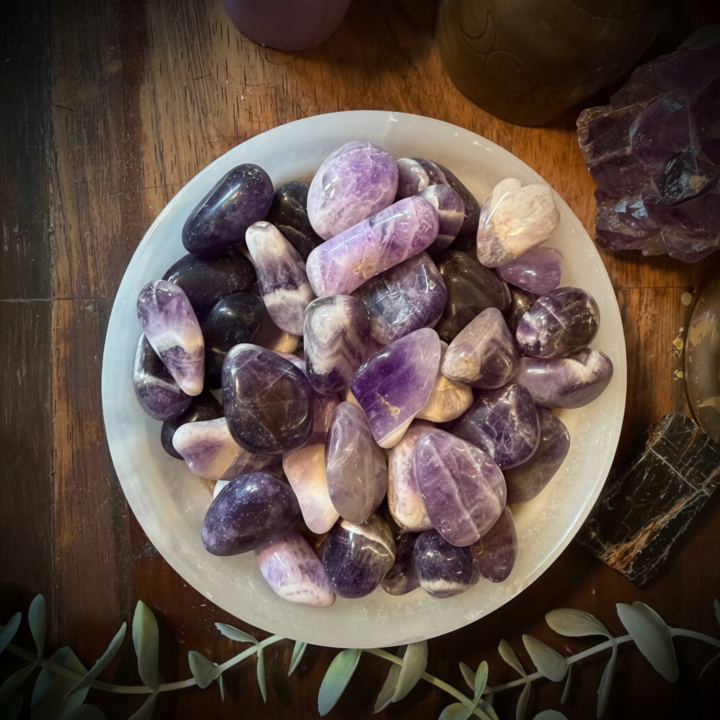 Amethyst stones in a bowl on a wooden surface with candles and crystals.