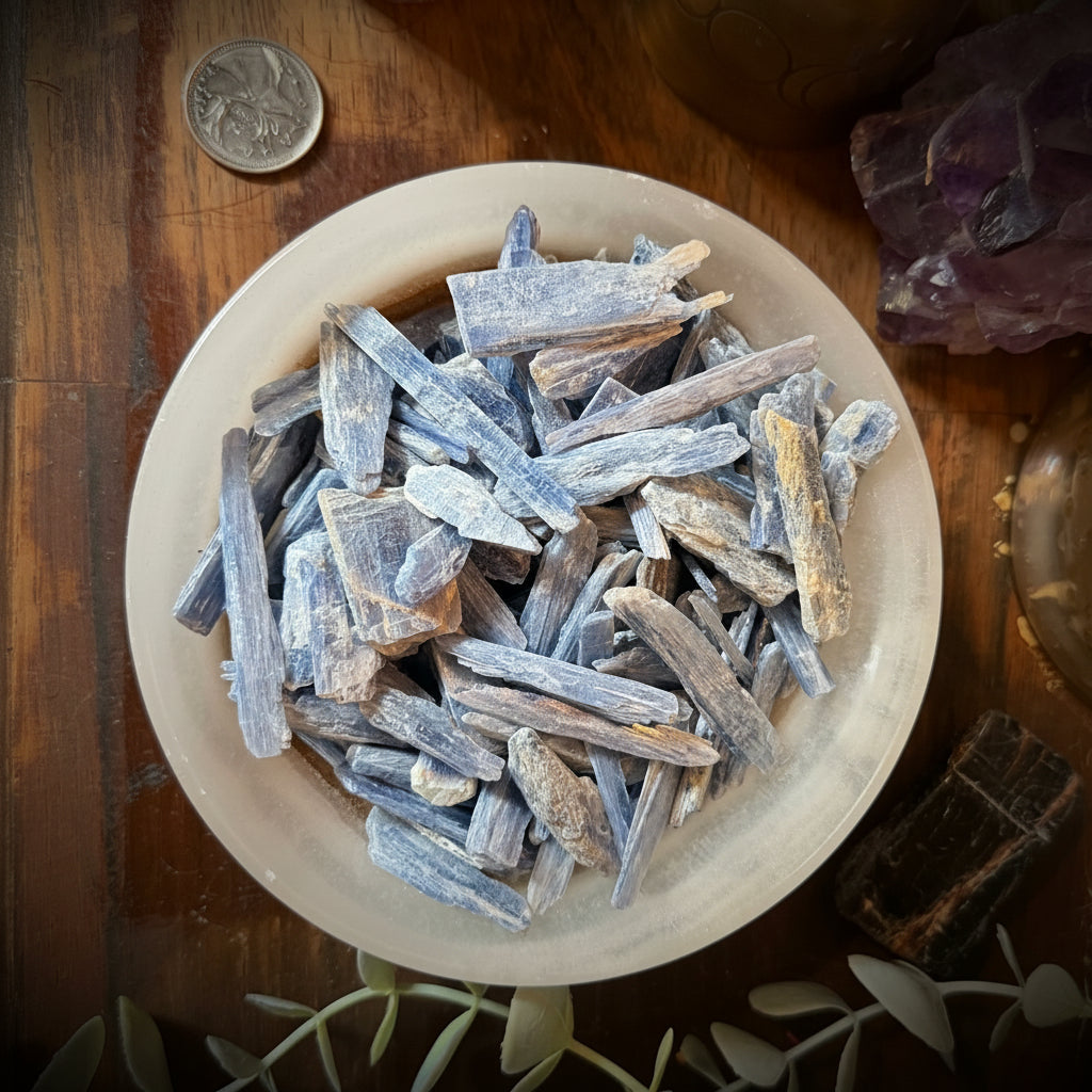 Decorative display with crystals in a bowl, candles, and plants on a wooden surface