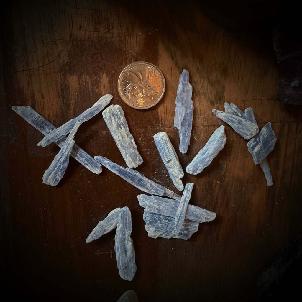 Crystal pieces on a wooden surface with a penny for scale