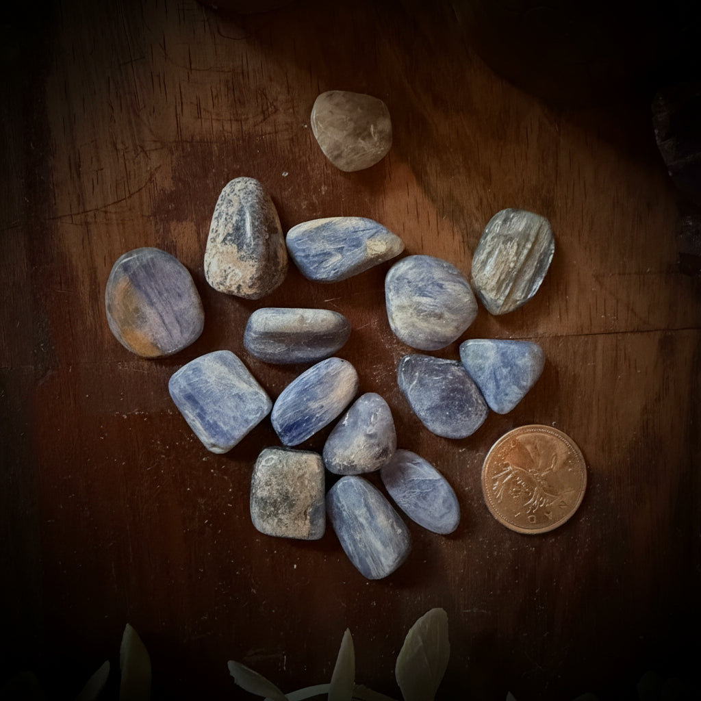 Kyanite tumbled stones on a wooden surface with a penny for scale, next to a copper object and greenery.