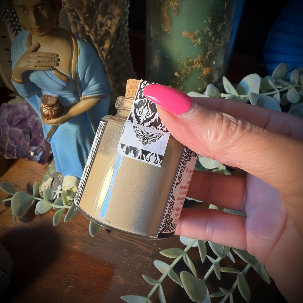 Hand holding a small jar with a decorative label, surrounded by various items including a figurine and plants.