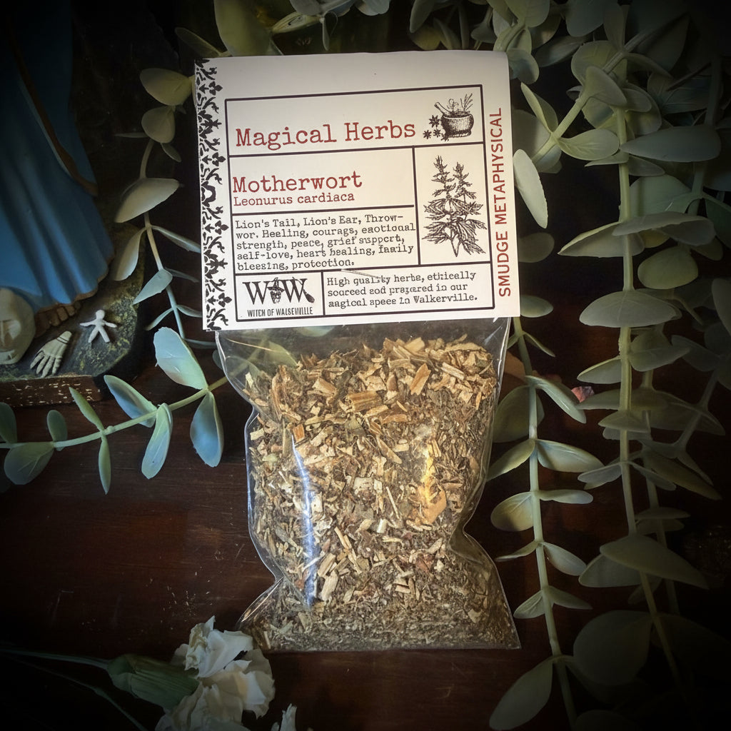 Herbal package labeled 'Magical Herbs' with motherwort leaves in the background