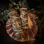 Two sticks of black sage in a shell on a table.