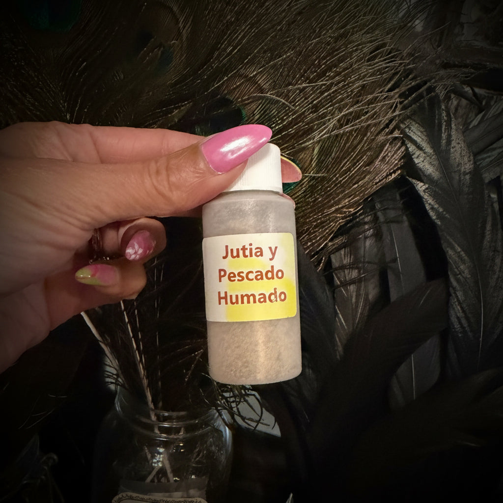 A hand with pink manicured nails holds a small plastic bottle labeled 'Jutia y Pescado Humado' in front of a decorative arrangement of peacock feathers and glass jars.