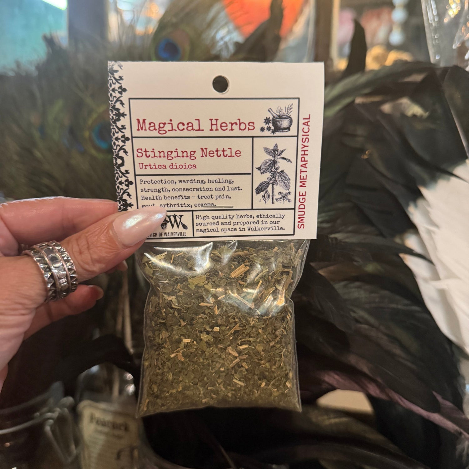 A hand holding a small clear plastic bag of dried herbs with a white paper label that reads 'Magical Herbs Stinging Nettle' against a dark, decorative background.