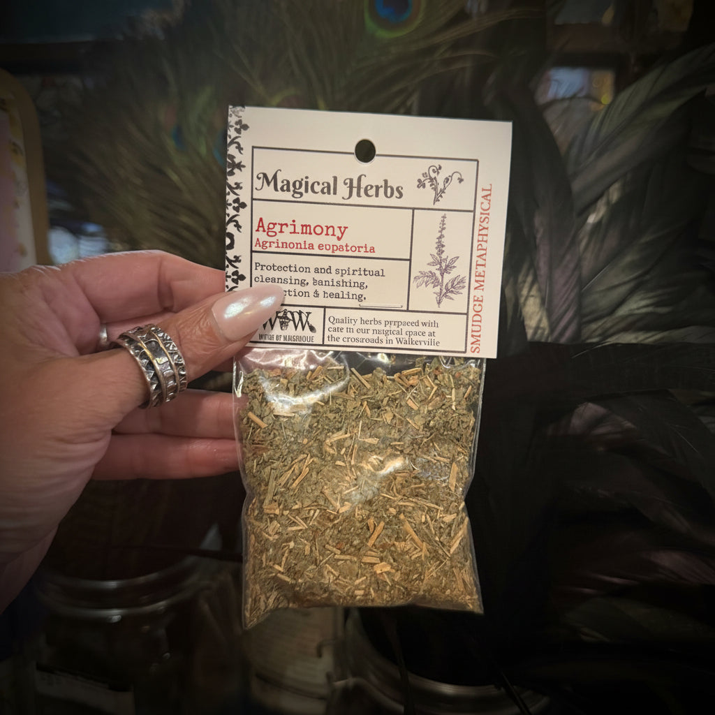 A hand holding a small clear plastic bag of dried Agrimony herbs with a white paper header card labeled 'Magical Herbs' and 'Agrimony'. The background shows a decorative setting with peacock feathers and glass jars.