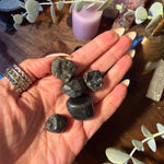 A hand holding five polished black tumbled stones, with a wooden table, candles, crystals, and eucalyptus branches in the background.