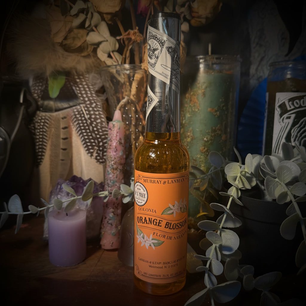A bottle of Kodesh Candle Company Orange Blossom Lemon Scented Wax melts standing on a wooden surface, surrounded by dried flowers, candles, and greenery.