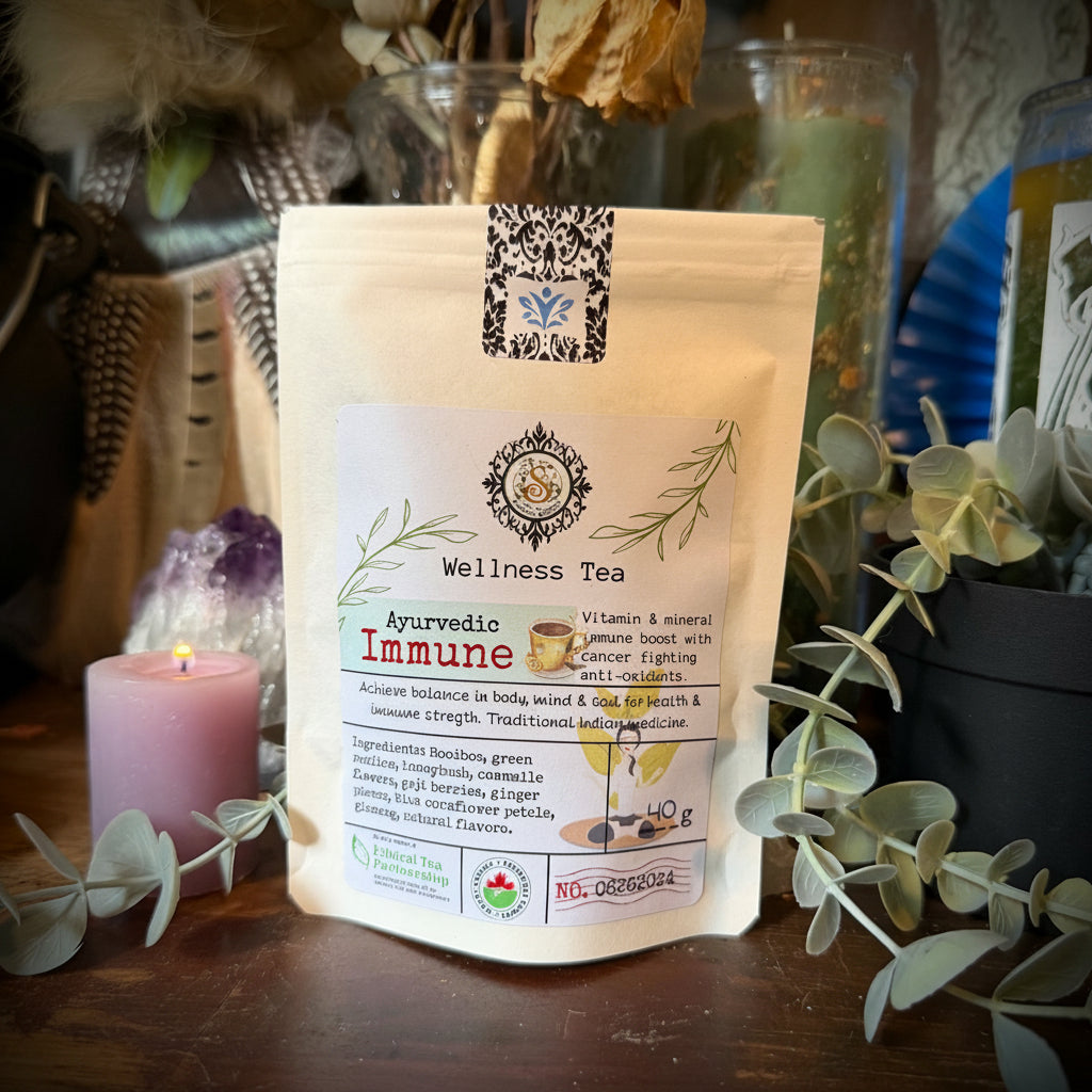 A stand-up pouch of Ayurvedic Immune Wellness Tea placed on a wooden surface, surrounded by dried flowers, greenery, a candle, and glass jars in a styled indoor setting.