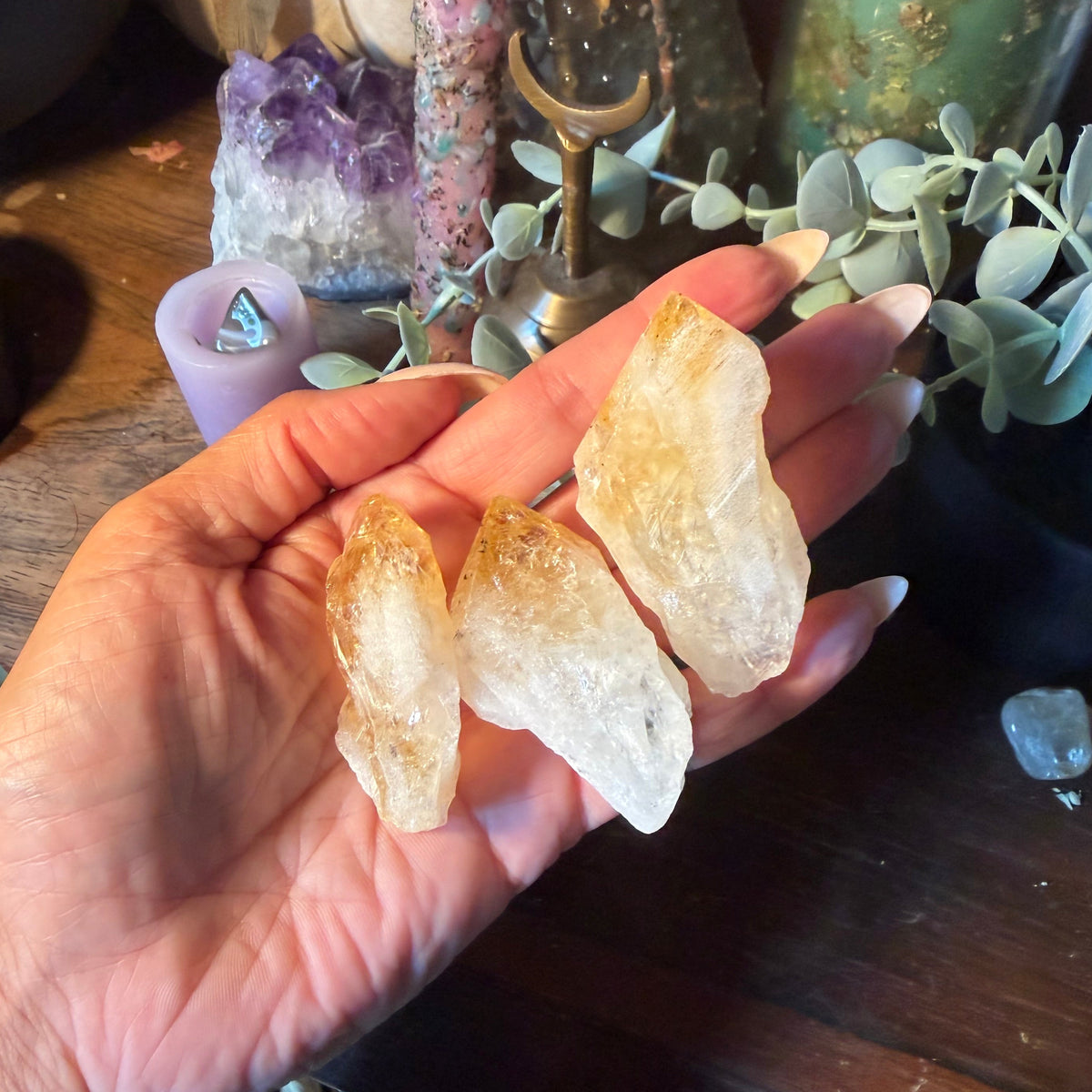Three raw, rough-cut crystal formations held in a person's hand, displayed against a cozy background of candles, a purple amethyst cluster, and greenery.