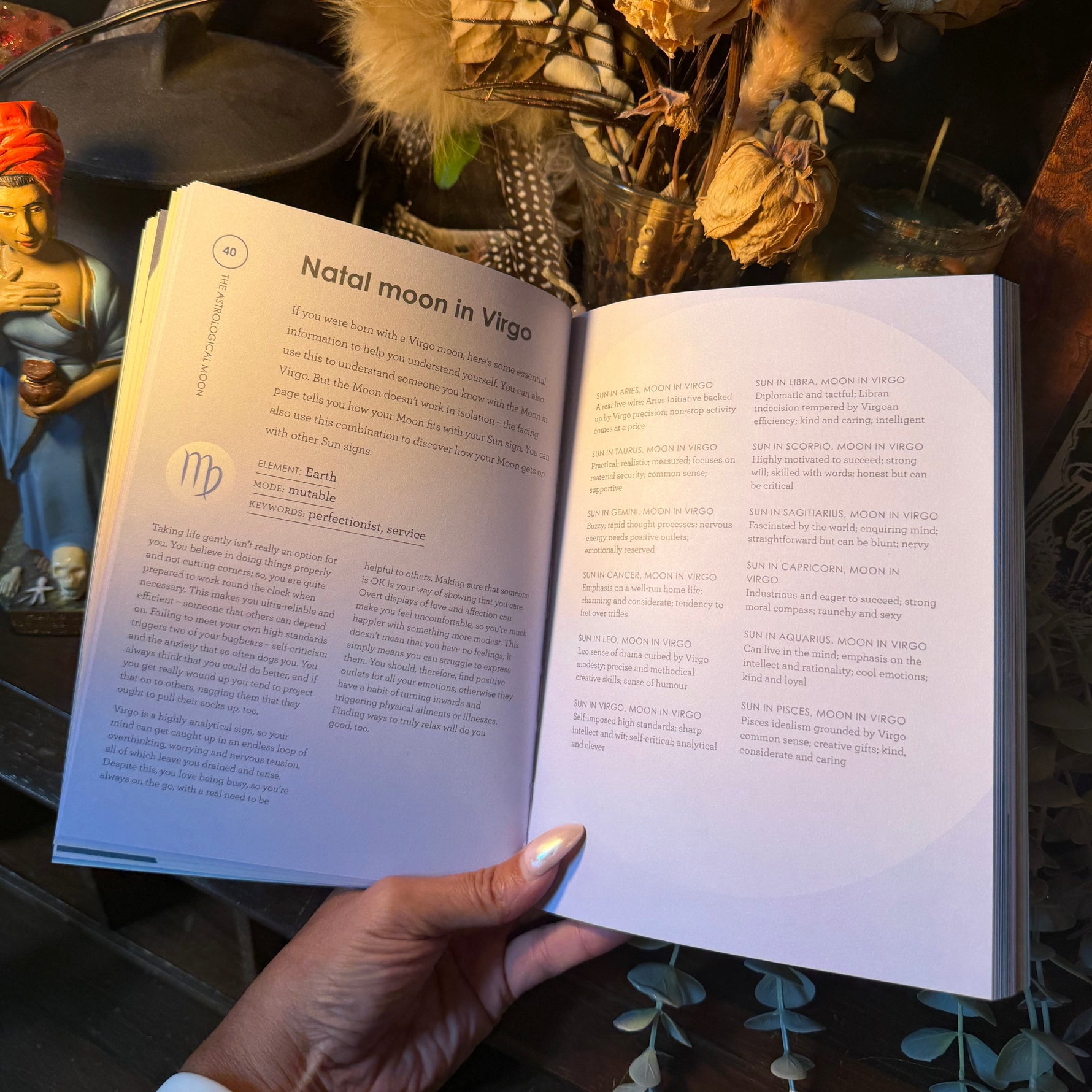 An open book titled 'Natal moon in Vagi' being held by a hand, set against a background of dried flowers and decorative figurines.