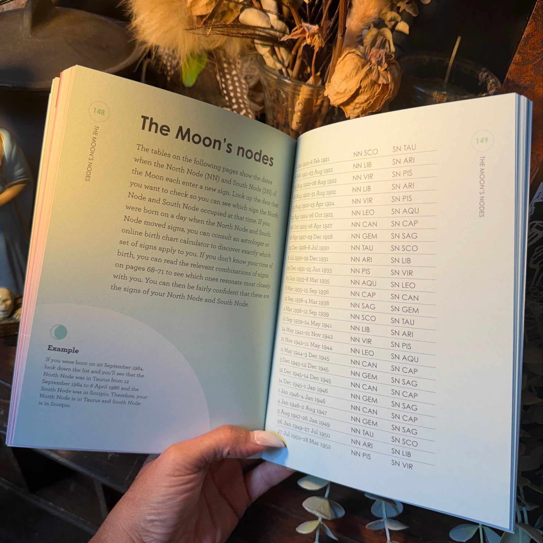 An open book showing printed text about 'The Moon's nodes' held by a hand, with dried flowers and greenery arranged around it on a wooden surface.