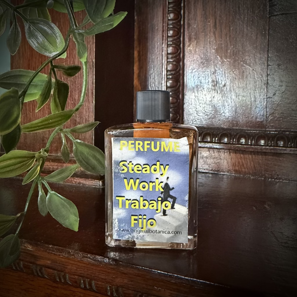 A square glass perfume bottle labeled 'PERFUME Steady Work Trabajo Fijo' with a black cap, placed on a dark wooden surface next to a green plant.