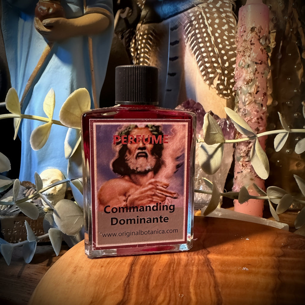 A bottle of Derfume 'Commanding Dominante' liquid perfume with a black cap, displayed on a wooden surface surrounded by mystical props like a blue figurine, greenery, and a pink candle.