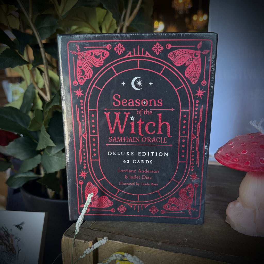 A boxed card deck titled "Seasons of the Witch: Samhain Oracle" stands on a wooden surface in a styled indoor setting with plants and decorative props visible around it.