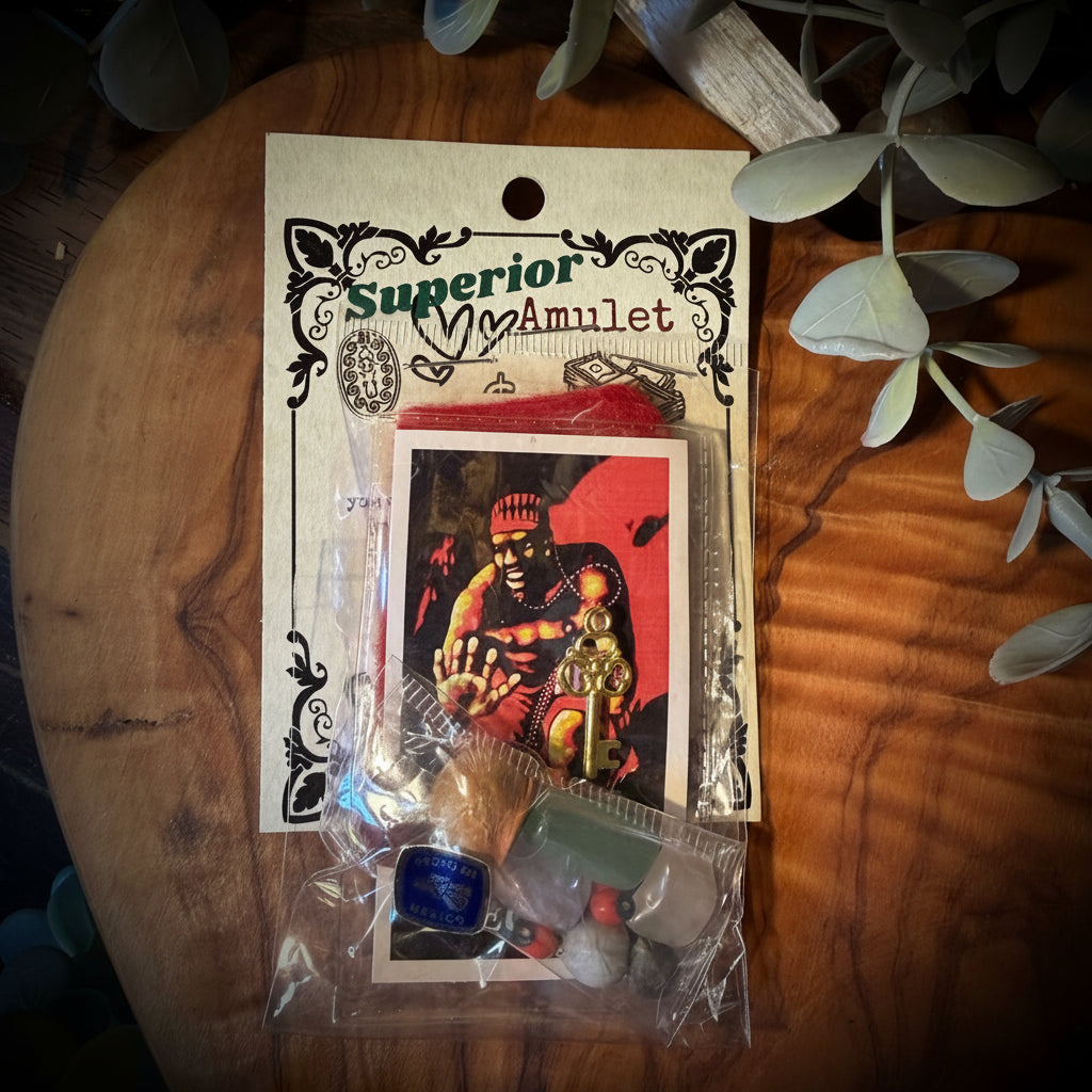 A packaged miniature collectible set labeled 'Superior Jazz Amulet' resting on a rustic wooden board, surrounded by green eucalyptus leaves. The set includes a vintage-style illustrated card and a small clear plastic bag containing various miniature colored beads and accessories.