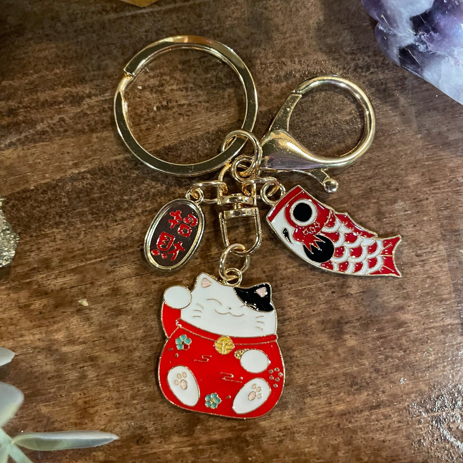 Maneki-Neko Lucky Cat Triple Charm Keychain