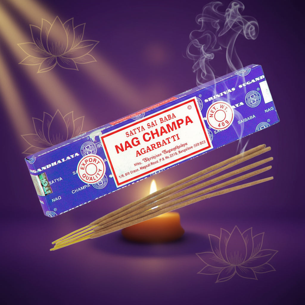 Box of Nag Champa incense sticks with incense sticks extending out on a white background
