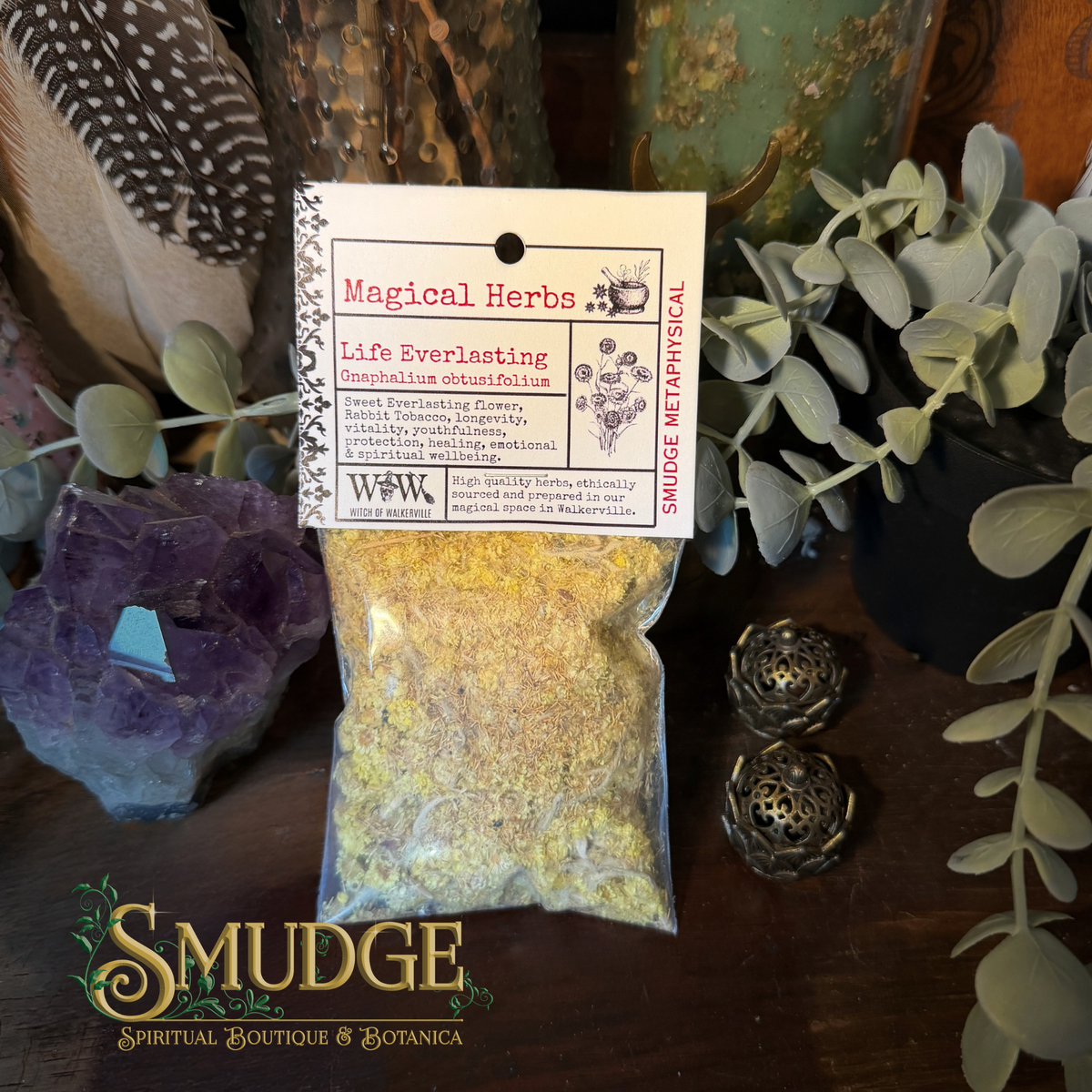 A clear plastic bag filled with yellow-green powdered herbal blend sits on a dark wooden surface, attached to a white paper label that reads 'Magical Herbs' and 'Life Everlasting'. The scene is styled with botanical props including eucalyptus leaves, a purple crystal cluster, and two decorative metal ornaments.