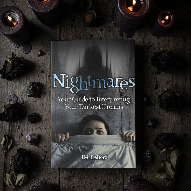 Book cover of 'Nightmares: Your Guide to Interpreting Your Darkest Dreams' with a person peeking from behind a blanket and a shadowy figure in the background.