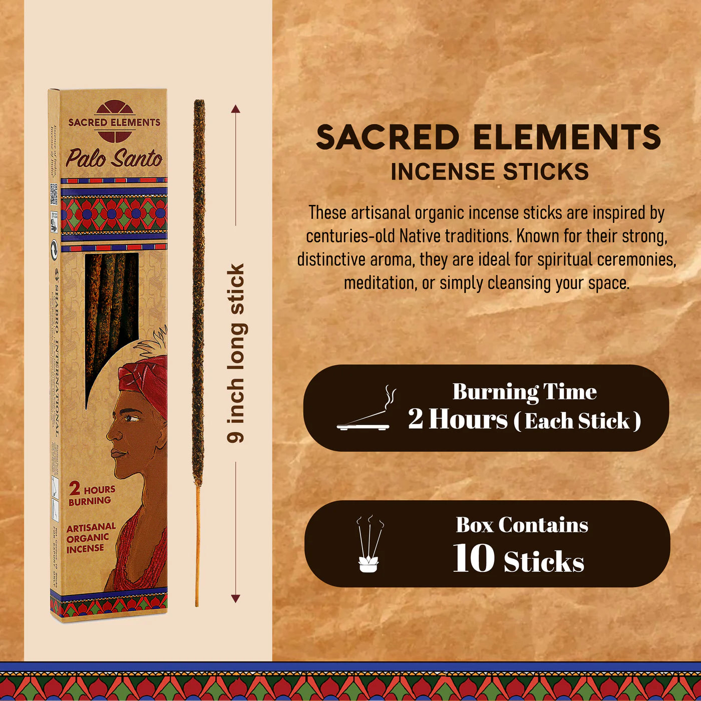 Sacred Elements Palo Santo incense sticks packaging with text on a beige background