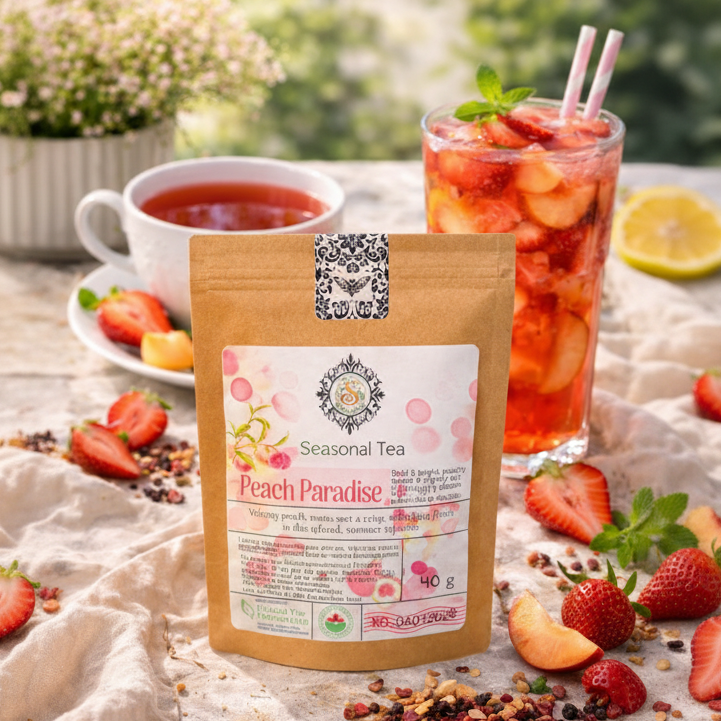 Peach Paradise tea package with a cup of tea and fruit in the background