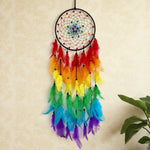 Colorful dreamcatcher with rainbow feathers on a white background