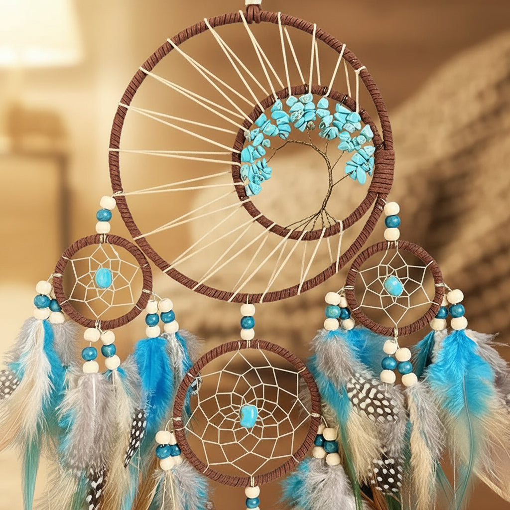 Dreamcatcher with turquoise stones, feathers, and beads on a gray background