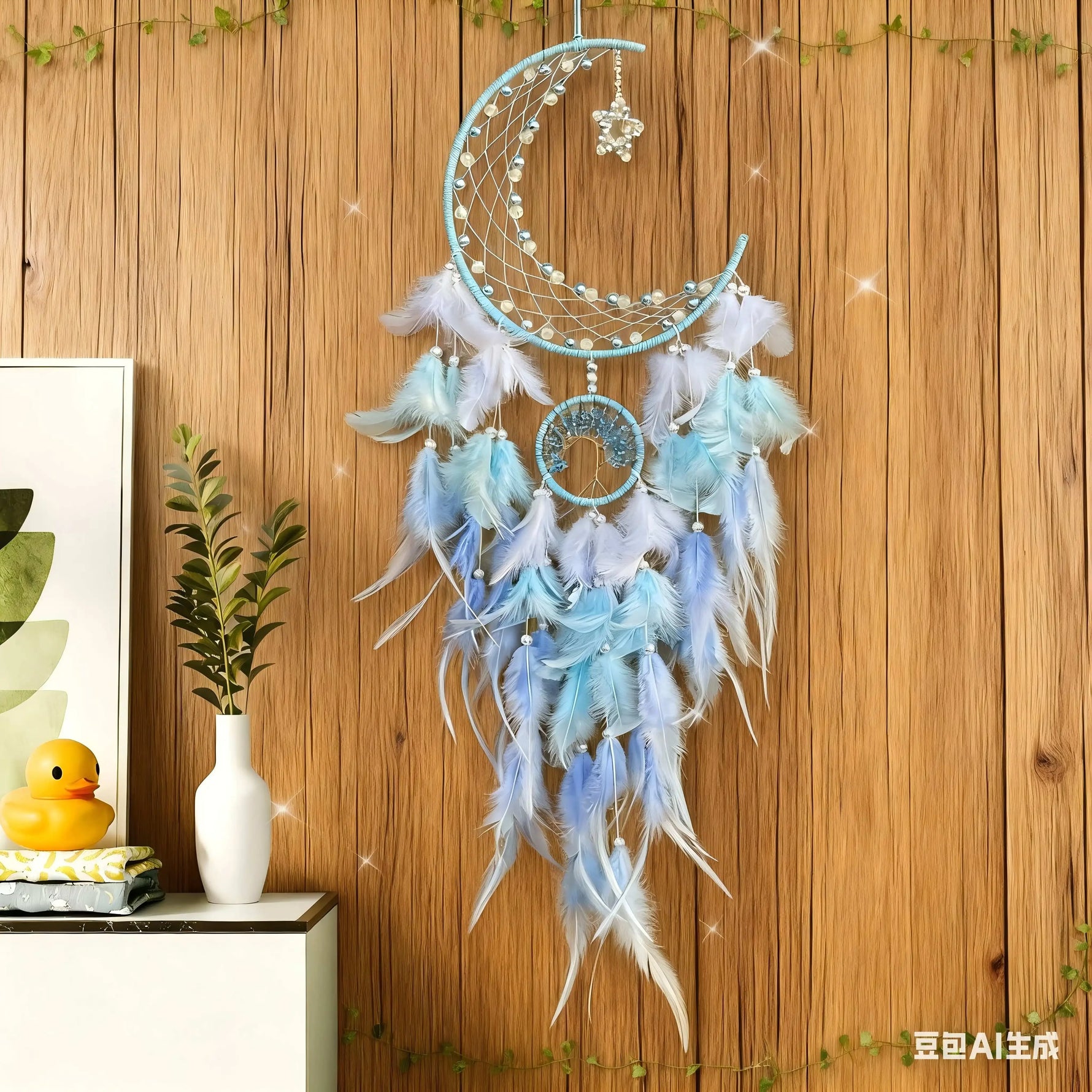 Decorative dreamcatcher with feathers hanging on a wooden wall.