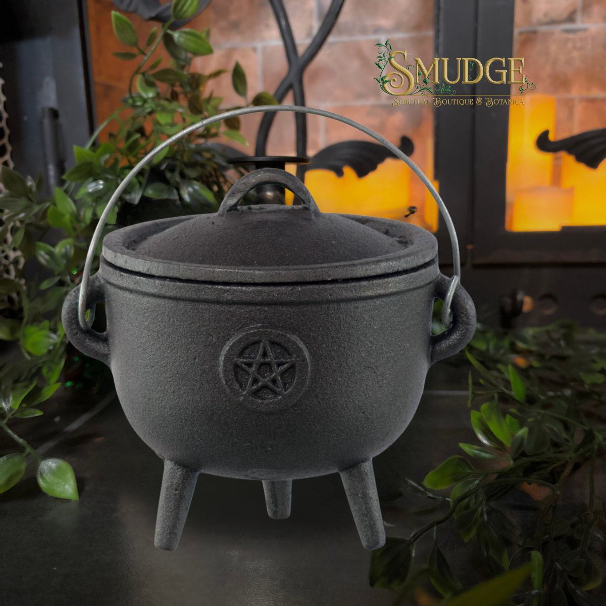 Cast Iron Cauldron Pentacle 8.5"H 7.5"D