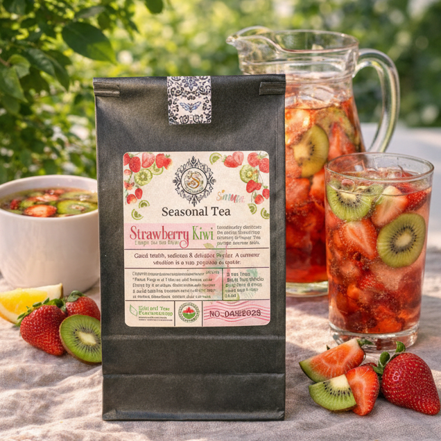 Bag of 'Strawberry Kiwi' tea with a scenic background