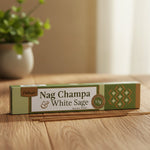 Tulasi Nag Champa & White Sage incense sticks packaging on a white background
