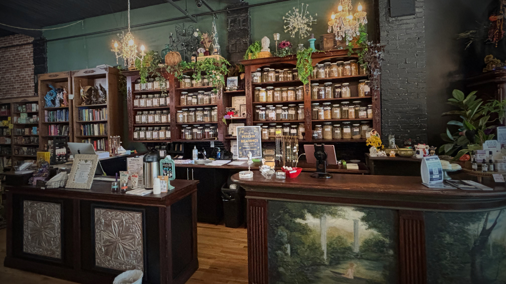 Vintage-style interior with wooden furniture, bookshelves, and decorative items.