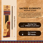 Sacred Elements White Sage incense sticks packaging with product details on a beige background