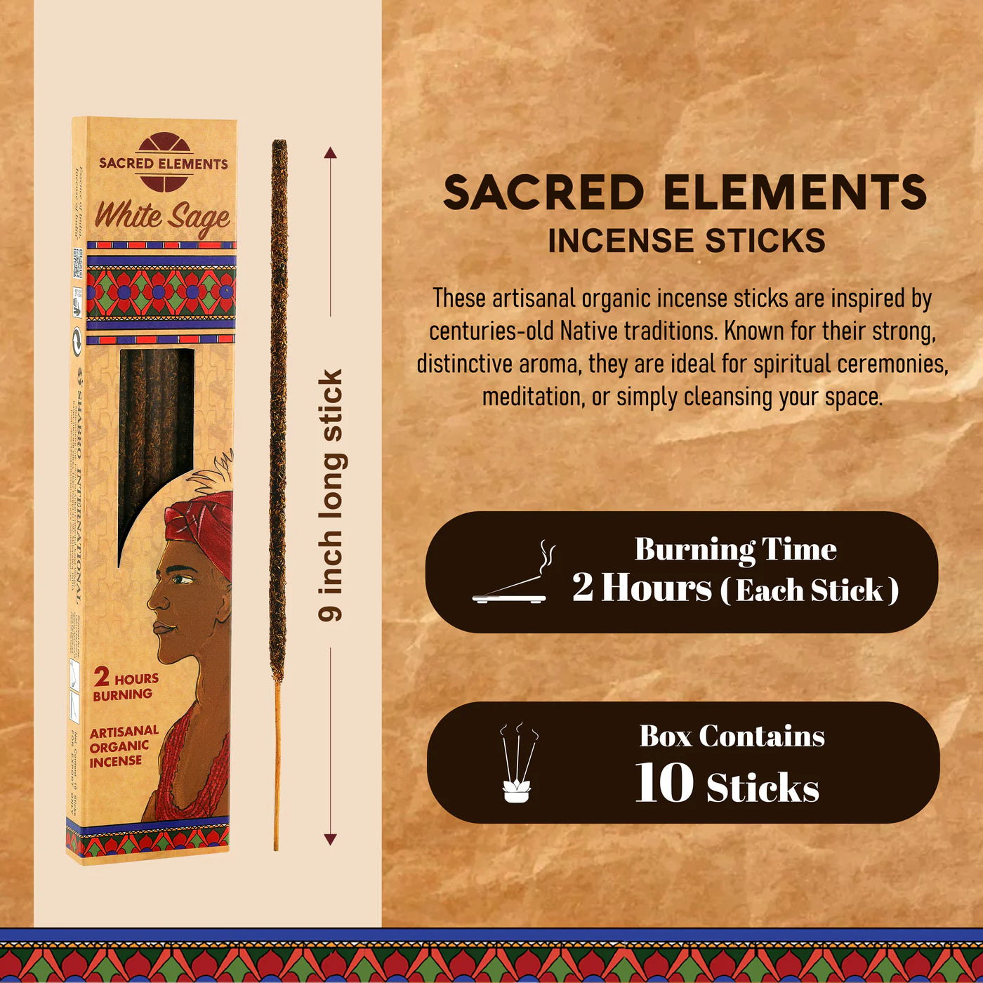 Sacred Elements White Sage incense sticks packaging with product details on a beige background