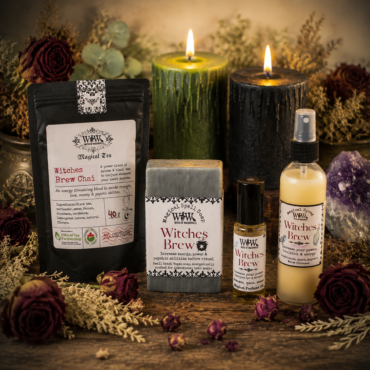 Witches Brew products including tea, candles, and oils on a wooden surface with flowers and crystals.