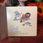 An open children's book page with a cream-colored interior showing a whimsical illustration of a small hedgehog and a white character in a wizard hat next to an orange chest, with the letter 'Dd' and the text 'is for disguises. What am I—can you guess?'.