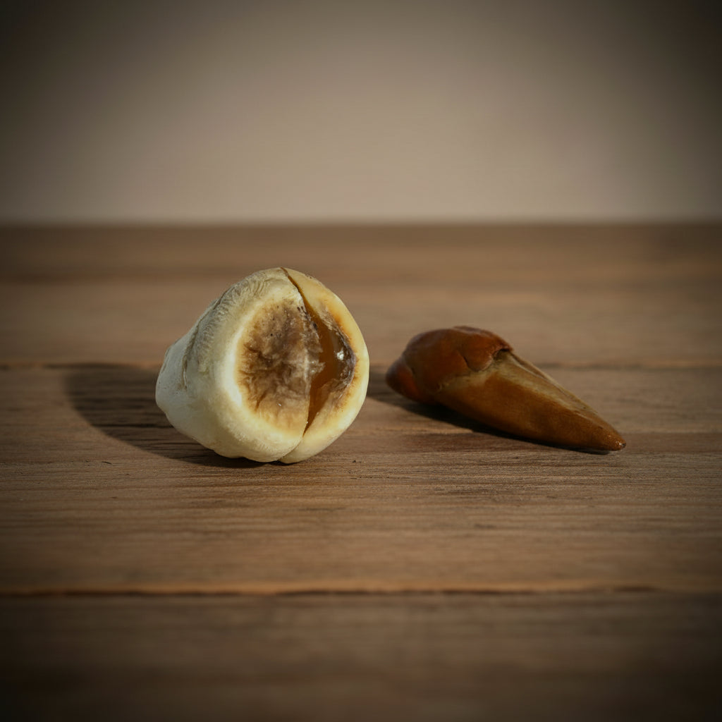 Two pieces of a dried Adam and Eve root on a white background