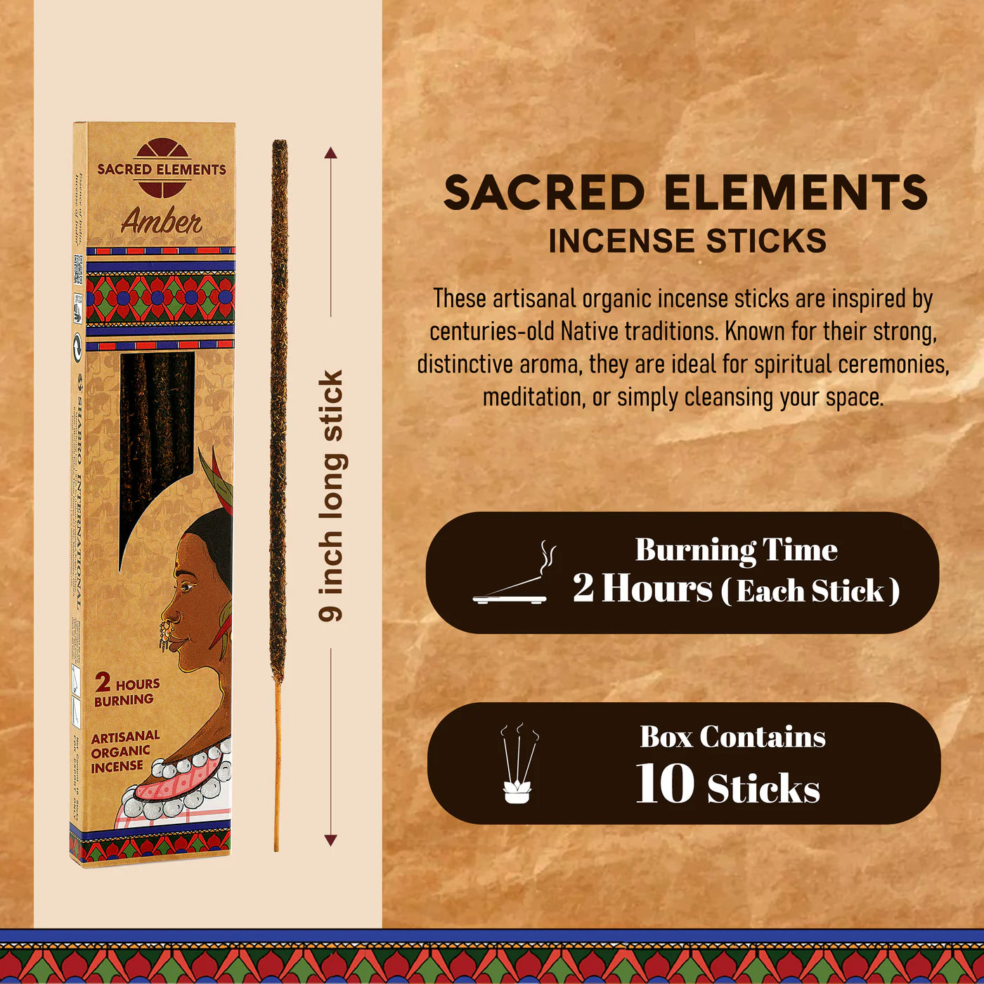Sacred Elements Amber incense stick packaging with text on a beige background